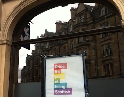 Window of local RBS branch, with Pride poster