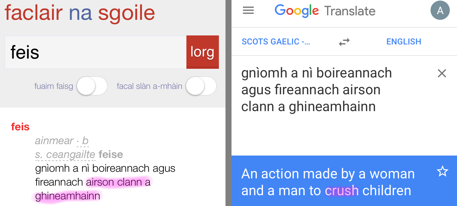 Faclair na Sgoile air an fhacal ‘feis’: ‘gnìomh a nì boireannach agus fireannach airson clann a ghineamhainn’ – no a-rèir Google Translate, ‘… to crush children’