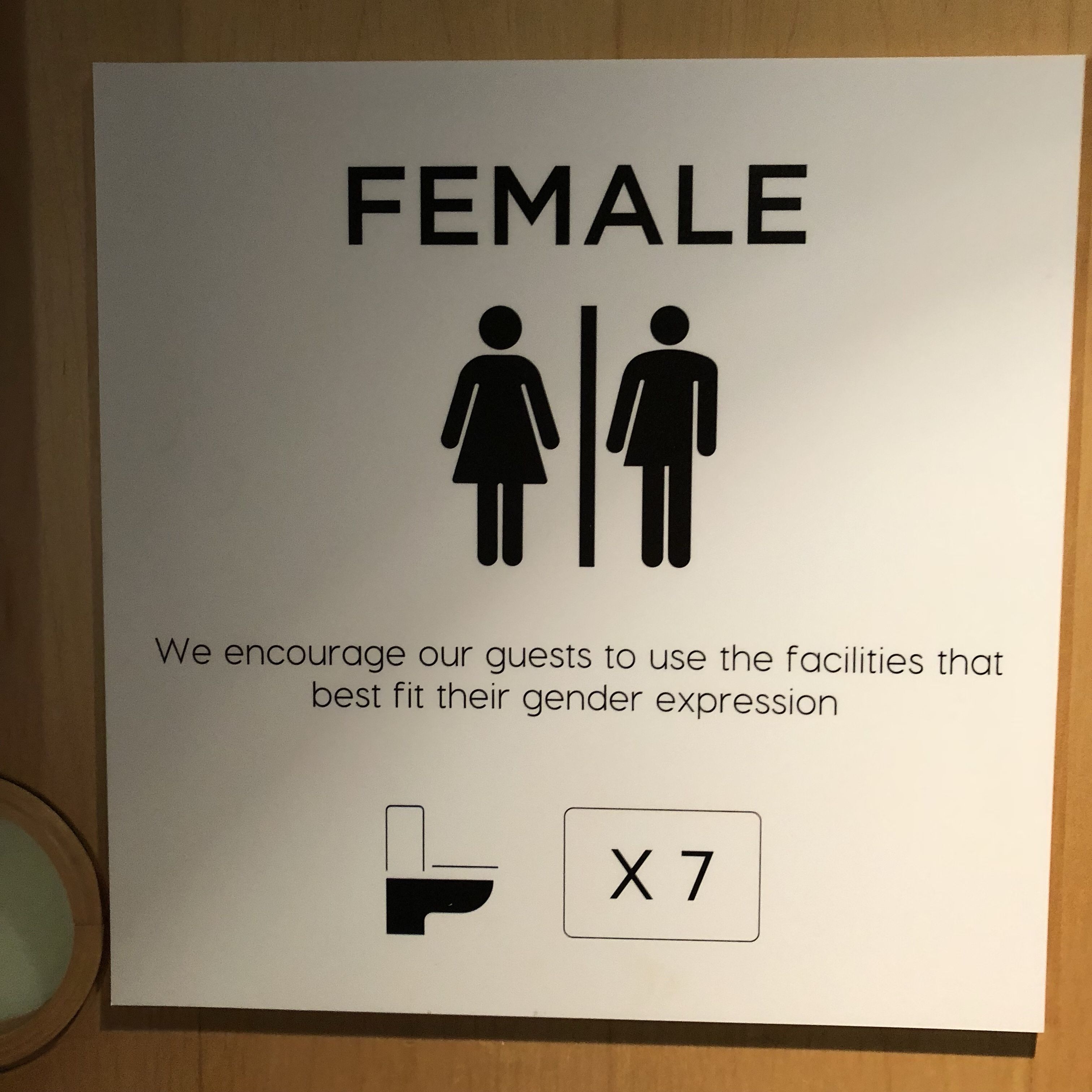 Toilet signage with text ‘We encourage our guests to use the facilities that best fit their gender expression’