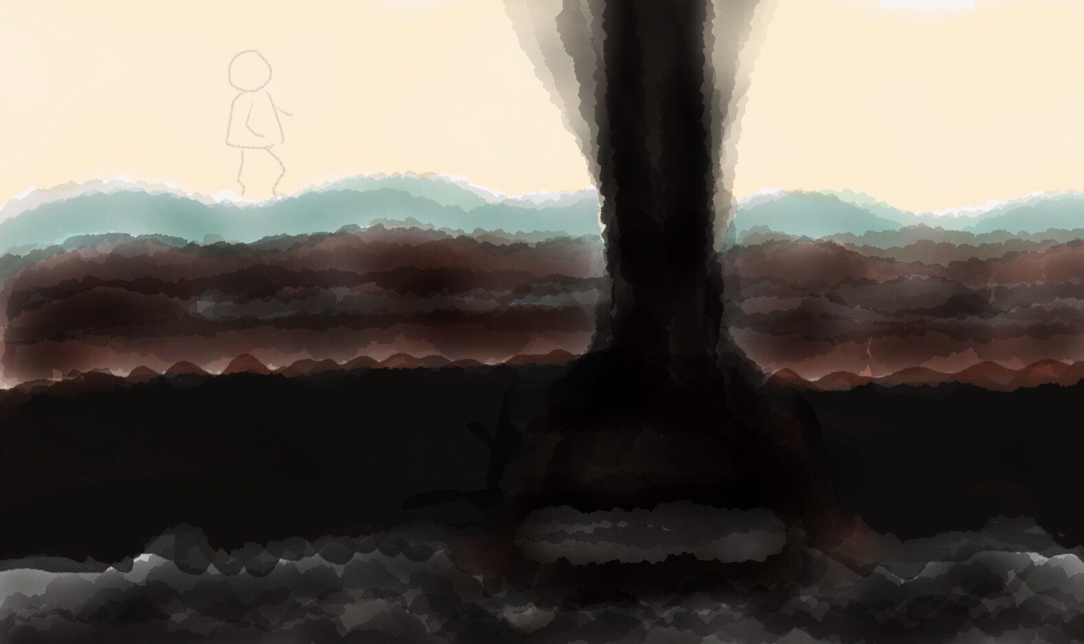 Person walking above ground, with a cave beneath them, and a shaft of darkness emanating from a hole in the cave roof ahead of the person
