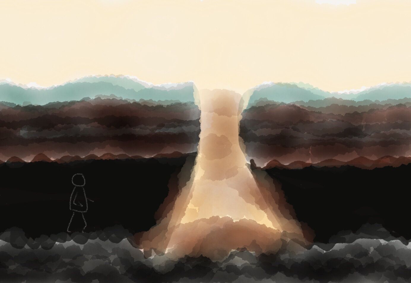 Person walking through a cave in darkness, with a shaft of light from above penetrating the cave ahead of them