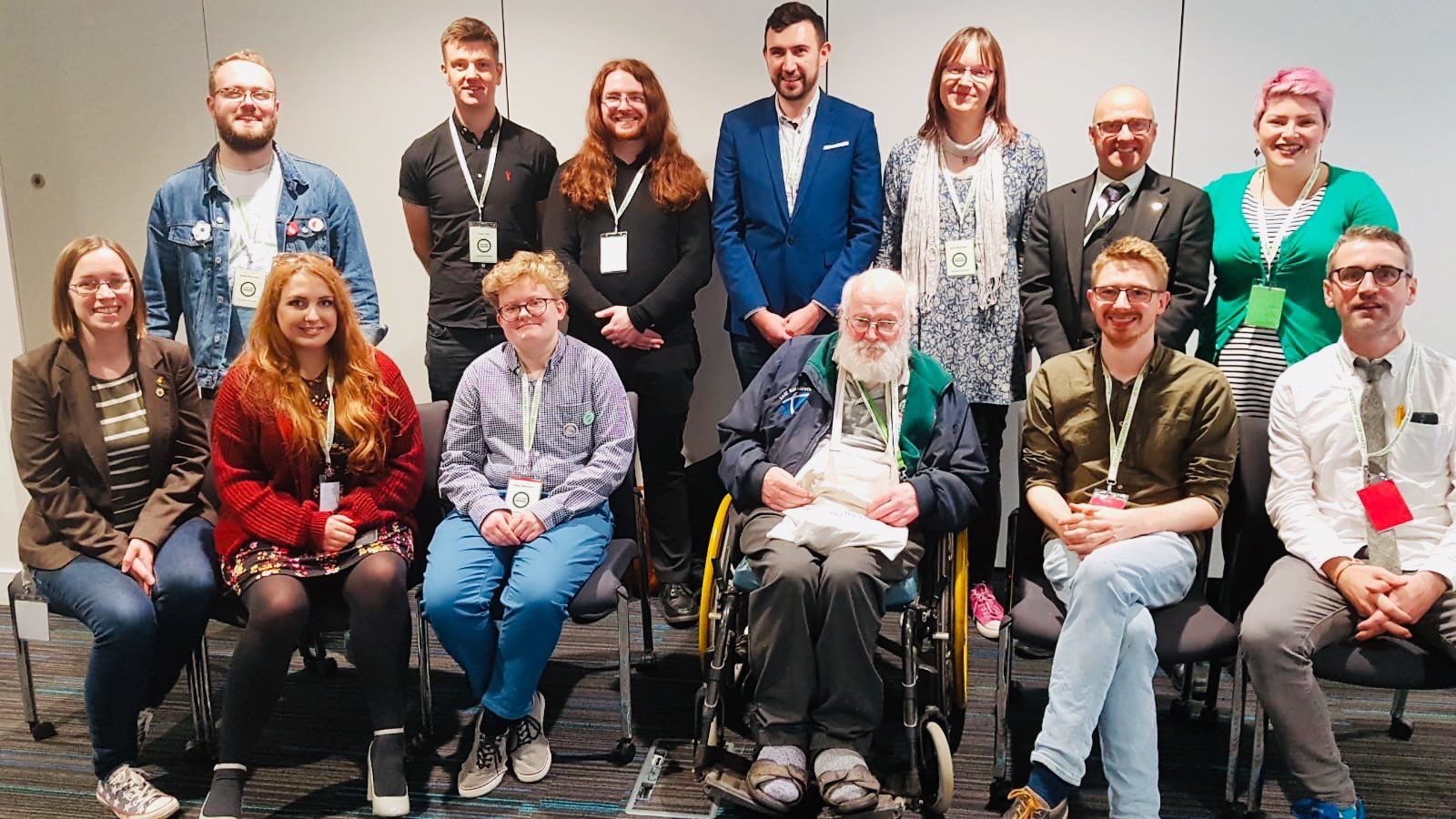 Group photo of people attending Rainbow Greens meeting, including Anna Nicholson and Scottish Green Party co-convenor Patrick Harvie