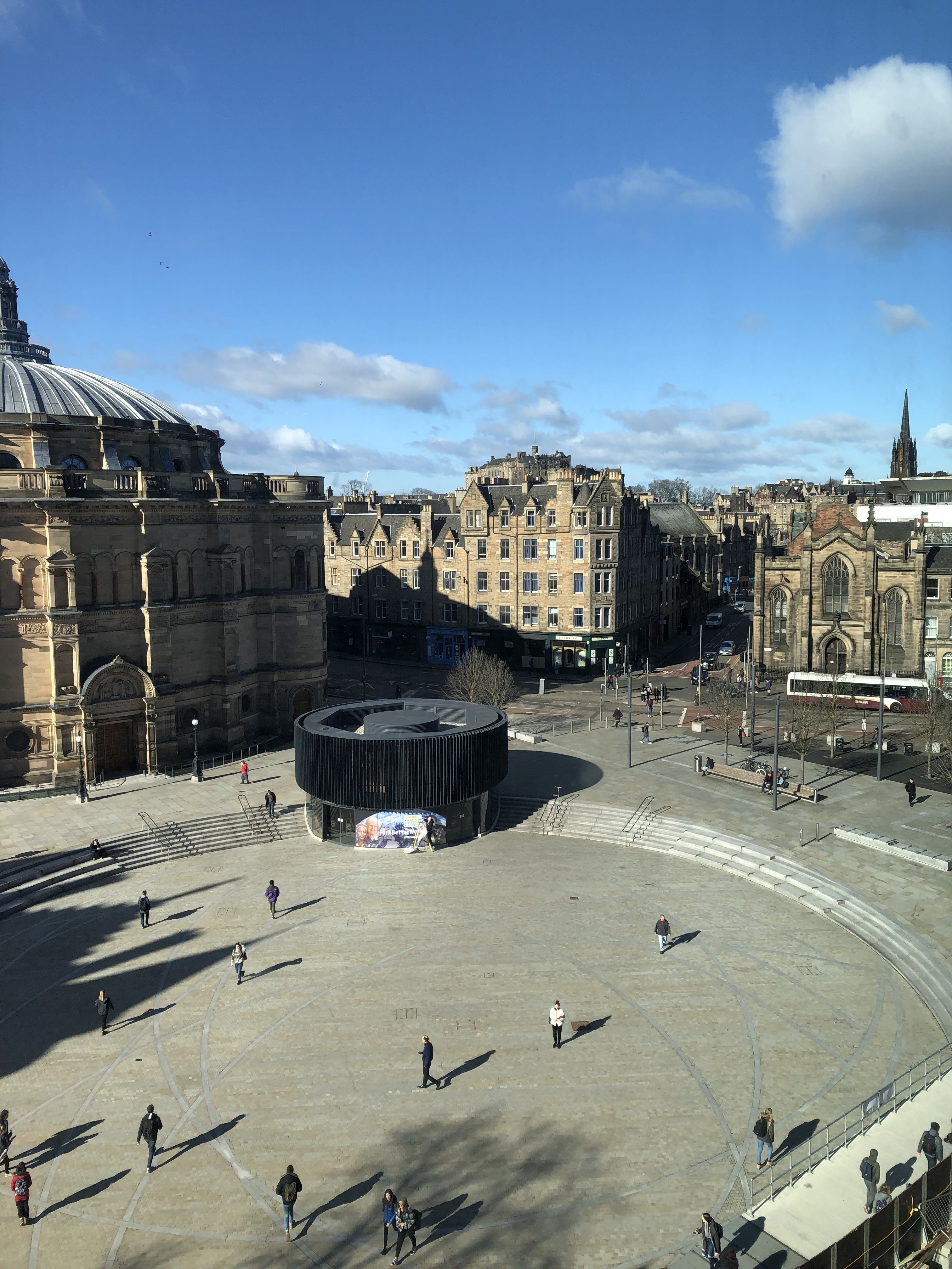 View of Bristol Square and the McEwan Hall, Edinburgh University, from the Dugald Stewart Building on a sunny February day