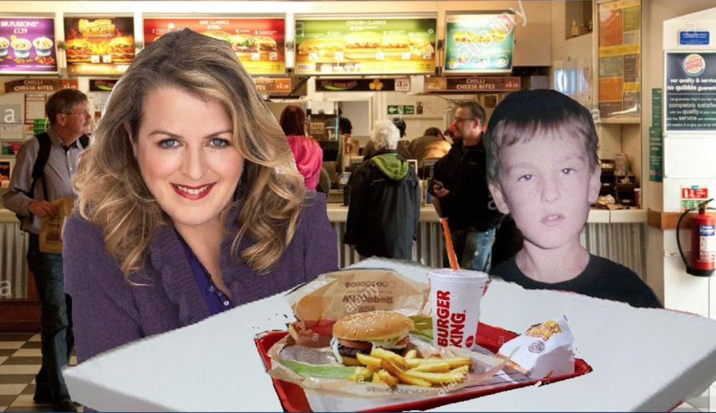 A cut-and-paste collage of a stock image of a Burger King interior with a young Dean and his mum inserted behind a table