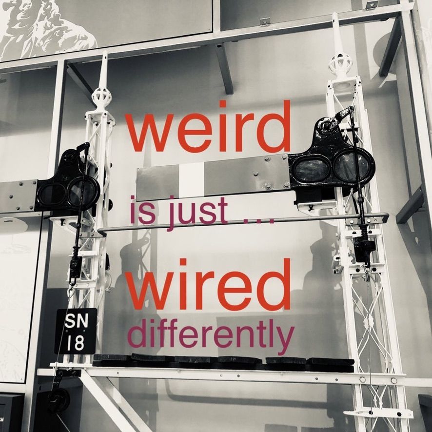 Weird is just … wired differently. This text appears over a monochrome photograph of the bracketed semaphore home signals SN 18 and SN 11, which are displayed in the main hall of the National Museum of Scotland.