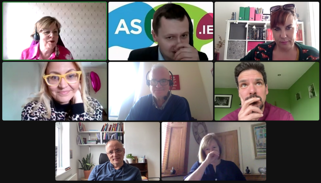 A Zoom grid containing the eight panellists.