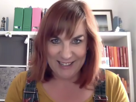 Kate Fox talking on Zoom from her home.