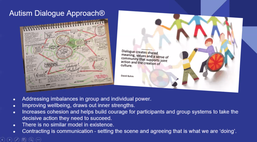 Slide headed Autism Dialogue Approach®.
‘Dialogue creates shared
meaning, values and a sense of
community that supports joint
action and the creation of
culture.’ – David Bohm
• Addressing imbalances in group and individual power.
• Improving wellbeing, draws out inner strengths.
• Increases cohesion and helps build courage for participants and group systems to take the
decisive action they need to succeed.
• There is no similar model in existence.
• Contracting is communication – setting the scene and agreeing that is what we are ‘doing’.