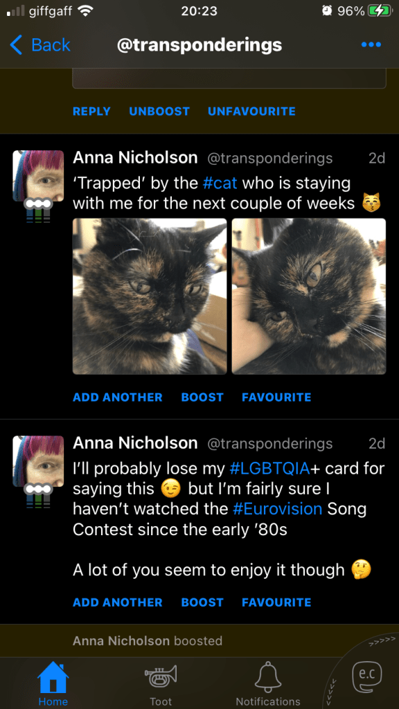 Toot!’s timeline for @transponderings, showing two full toots, the first of which contains two photos of a cat, side by side. Action buttons ‘Add another’, ‘Boost’ and ‘Favourite’ are visible beneath each toot. The action buttons for the preceding toot are also visible: ‘Reply’, ‘Unboost’ and ‘Unfavourite’.