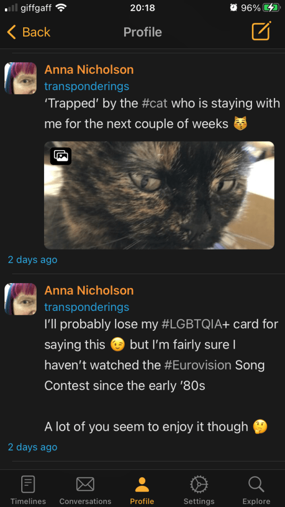 Mercury’s Profile timeline, showing two toots, the first of which contains a photo of a cat, with an icon in the top left corner to indicate that there are more images here. No visible action buttons alongside individual toots.