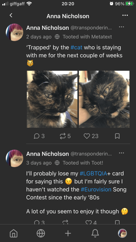 tooot’s timeline for Anna Nicholson, showing two toots, the first of which contains two photos of a cat, side by side. Action buttons for reply (with number of replies), boost (with number of boosts), favourite (with number of favourites) and bookmark are visible beneath each toot. The app used to toot is shown for each toot (here, Metatext and Toot!).
