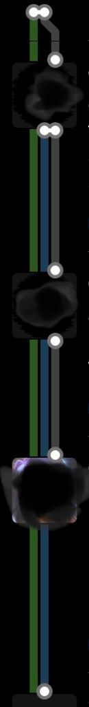 Three profile pics (obscured) connected by lines.A grey line from a toot above is linked to the first, and from there to the second, and from there to the third. A blue line connects the first to a toot further down, while a green line connect the toot above to a toot further down.