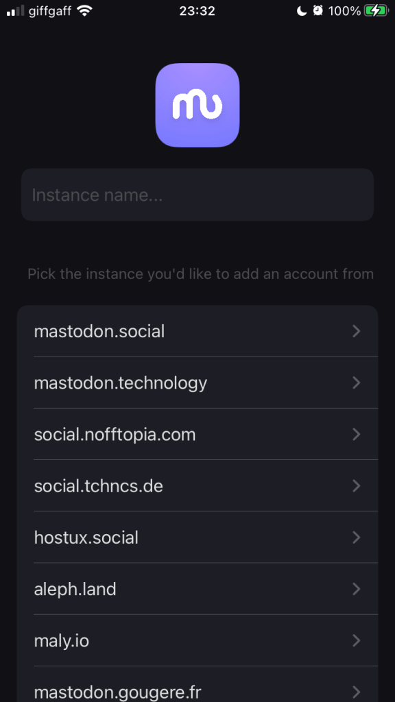 A black screen, with the Mast icon, with a box for an instance name beneath it.
Below that is a list of instances, filtered by what you type, headed ‘Pick the instance you'd like to add an account from’.
