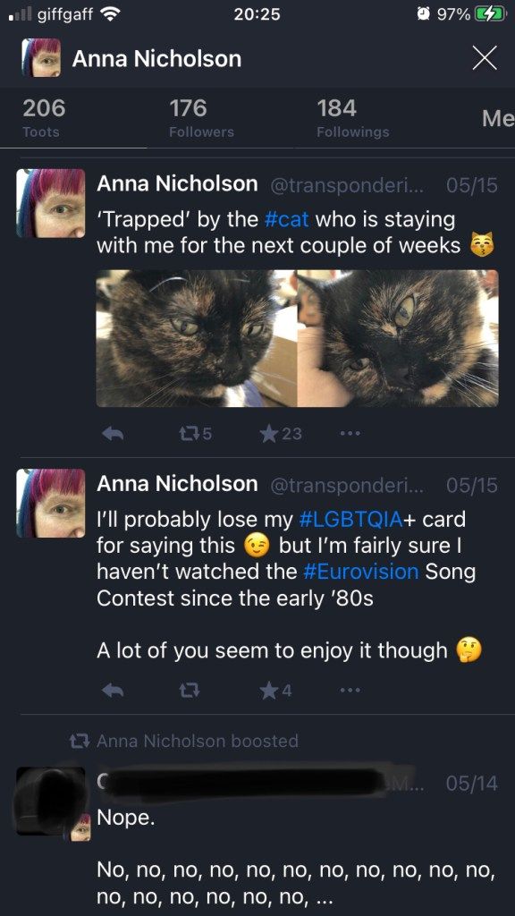 Tootle’s timeline for Anna Nicholson, showing two and a bit toots, the first of which contains two photos of a cat, side by side. Action buttons for reply, boost (with number of boosts), favourite (with number of favourites) and further actions are visible beneath each toot.