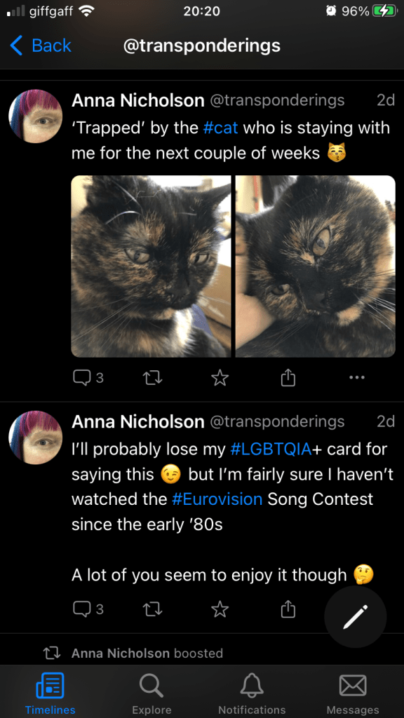 Metatext’s timeline for @transponderings, showing two toots, the first of which contains two photos of a cat, side by side. Action buttons for reply (with number of replies), boost, favourite and share are visible beneath each toot. A compose-new-toot button is overlaid in the bottom right.