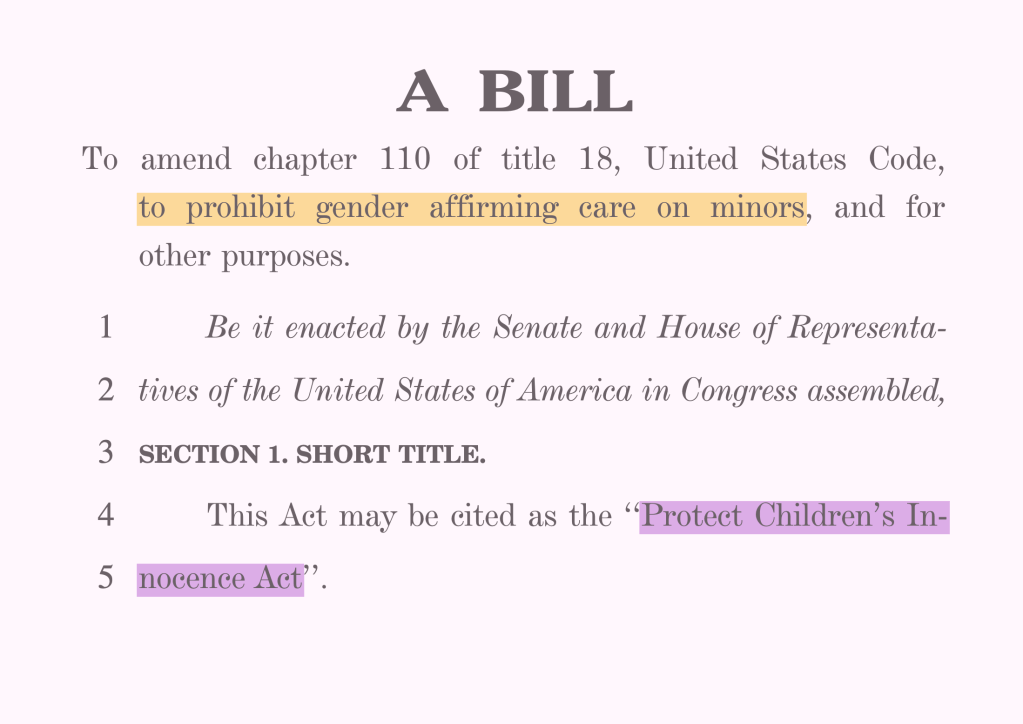 Part of the text of the bill from the original PDF document, with two phrases highlighted: ‘to prohibit gender affirming care on minors’, and ‘Protect Children’s Innocence Act’.