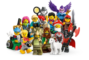 A group of 12 minifigs with a dog and a goat. One of the minifies is riding a small train. Others are holding accessories. Three are distinctly alien in appearance.