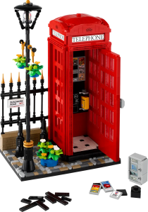 LEGO red telephone box, with old-fashioned telephone and phone box inside, and lamp post and railings next to it.