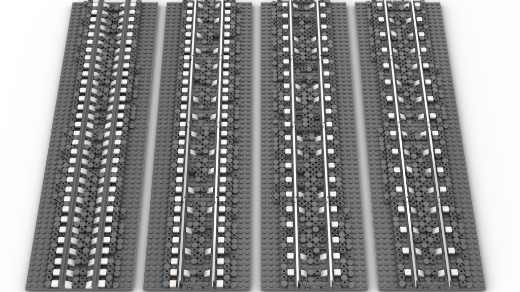 A BrickLink Studio render of four LEGO tracks, side by side, roughly ballasted using dark bluish grey 1-by-1 round plates and tiles, and with sleepers represented by white 1-by-1 square tiles and cheese slopes.