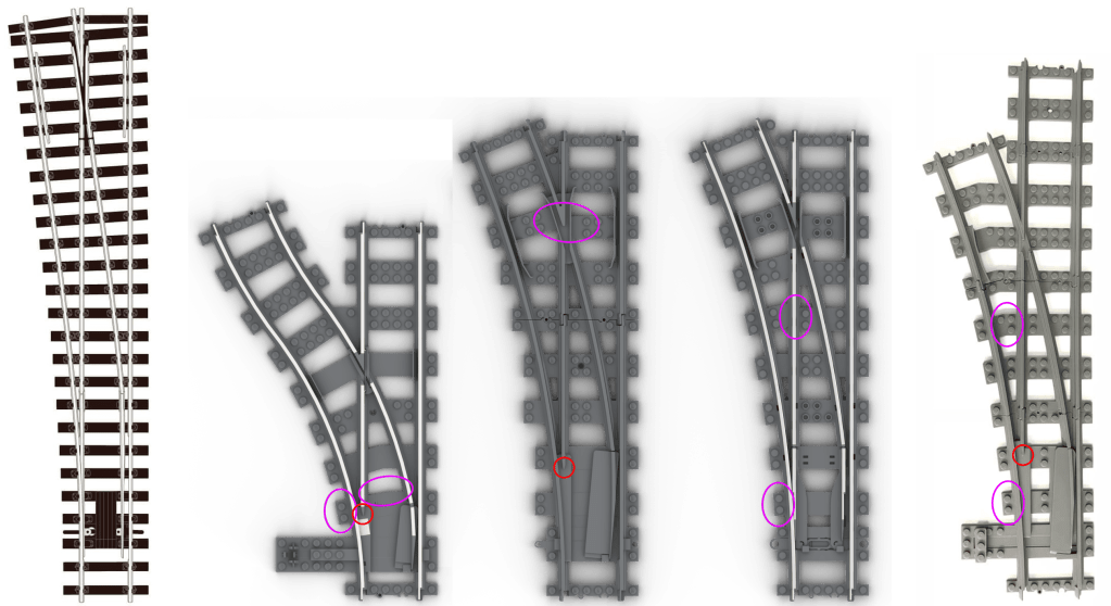 Five left-hand sets of points, the left (PECO O gauge) and right (Trixbrix R104) examples having been taken from product photographs on the companies’ websites, the others (LEGO R40, BrickTracks R104 and Fx Track R104) having been rendered in Bricklink Studio.