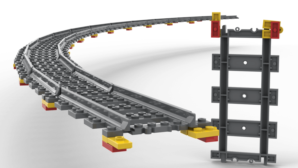 A rendered view along a grand curve composed of 14 LEGO straights held together by a combination of bright yellow hinge plates, jumper plates and 1-by-1 plates, and bright red 1-by-2 plates. A further piece of track is standing upright showing how the extra pieces attach to its underside.