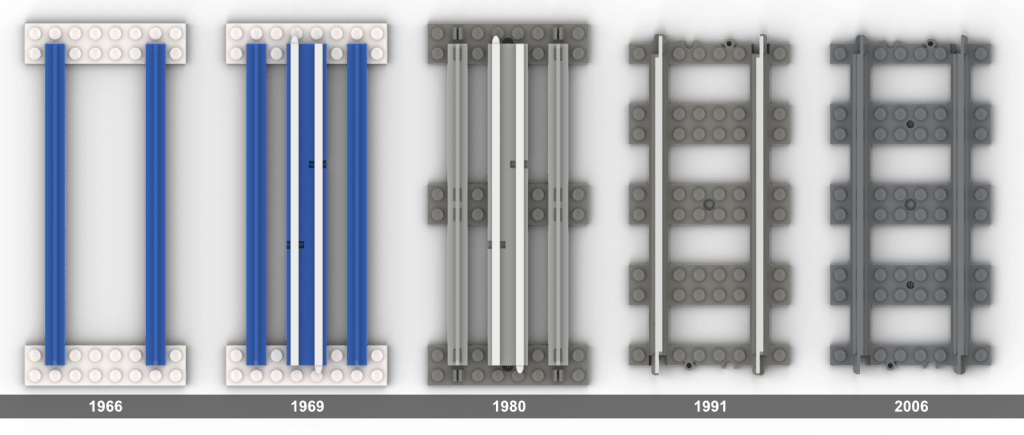 Rendered images of five lengths of LEGO straight track:
1966, the first blue-era track.
1969, with added central 12-volt power rails.
1980, with a colour change to grey. 1991, the introduction of all-in-one track with 9-volt pickup from metal rails, and incompatible rail joints.
2006, all-plastic track with the same form factor as the 9-volt track, but in a different grey.