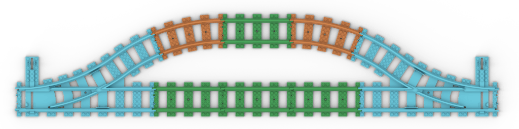 Render of modern LEGO track forming a passing loop. A left-hand point at the left continues on the straight with three straight tracks connecting with the straight route of a mirror-image right hand point. The loop line consists of two curves separated by one straight. (Points, straights and curves are distinctively coloured.)