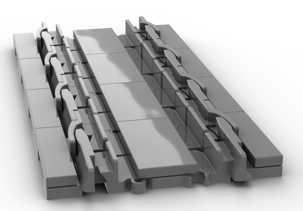 Render of four pieces of LEGO flexible track, joined to make 16-stud length. Each of the four hinged pieces is held rigid by three tiles – a 2-by-4 tile in between the tracks, and a 1-by-4 tile on either side. The running rails are interrupted by four large gaps along the 16-stud length. Jointed check rails run between the running rails, leaving little room for decoration.