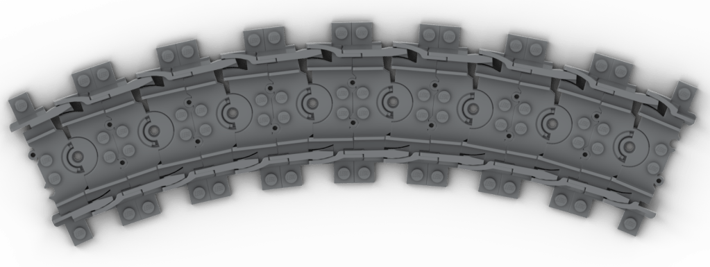 A render of 8 unadorned segments of flexible track bent into a curve (each piece is basically a hinge). This clearly shows the chasms in the outer rail. The inner rail, in contrast, is almost uninterrupted.