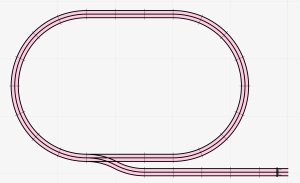 A schematic of an oval of track made from two semicircles of 8 curves, connected at the top by 3 straights, and at the bottom by a right-hand point and a straight. The siding has an additional 5 straights. The layout as a whole is in the shape of a capital Q.